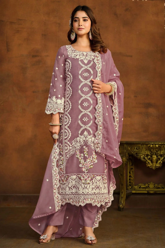 Lavender Semi Stitched Organza Pant Style Suit NCSM10510297