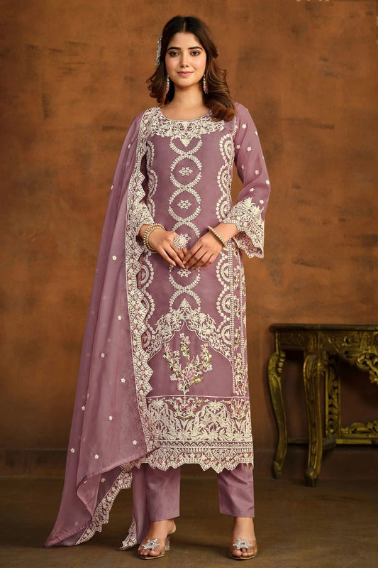Lavender Semi Stitched Organza Pant Style Suit NCSM10510297