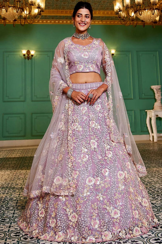 Lavender Semi Stitched Satin Lehenga Choli NCLC11111226