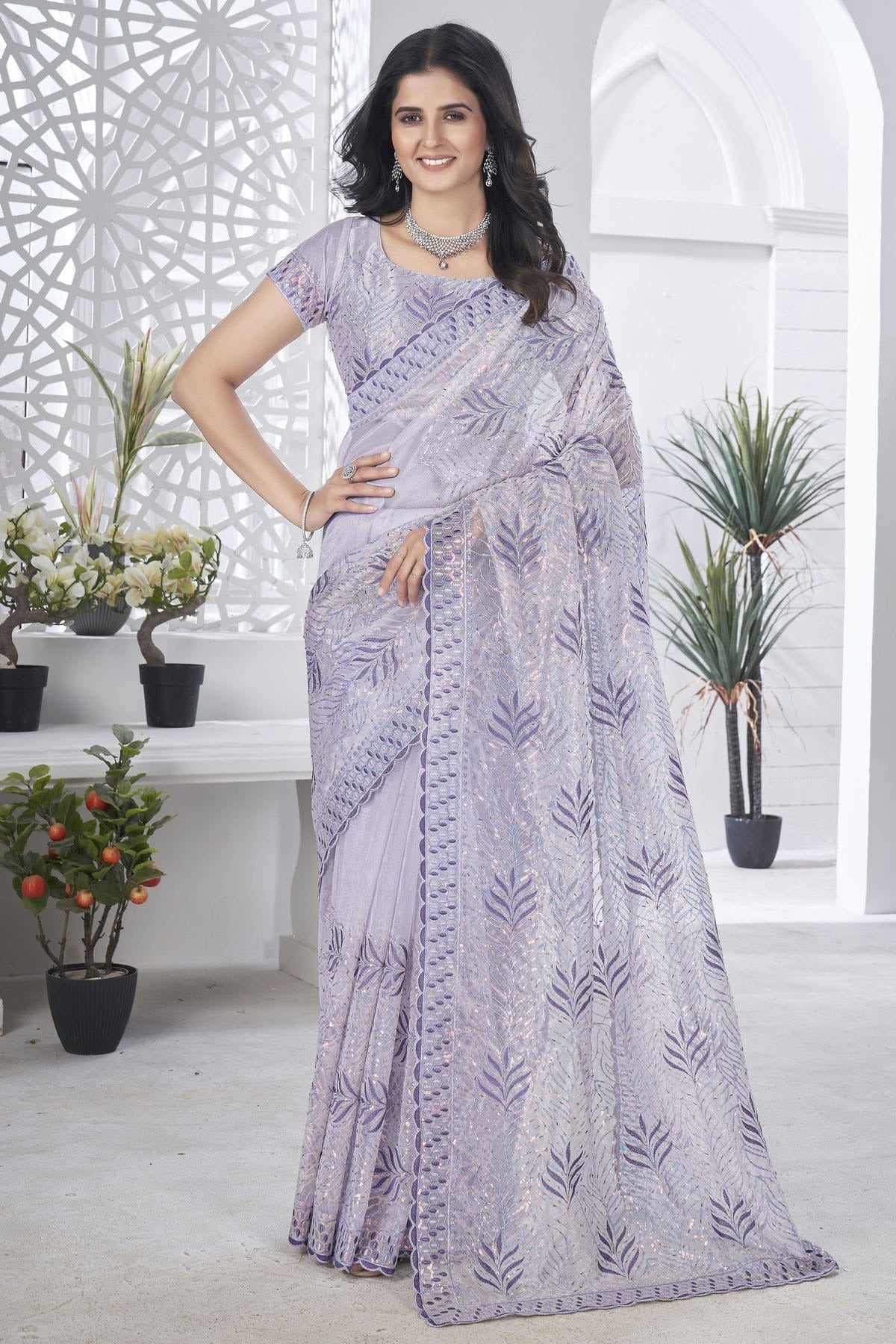 Lavender Tissue Net Designer Saree NCSD11111211