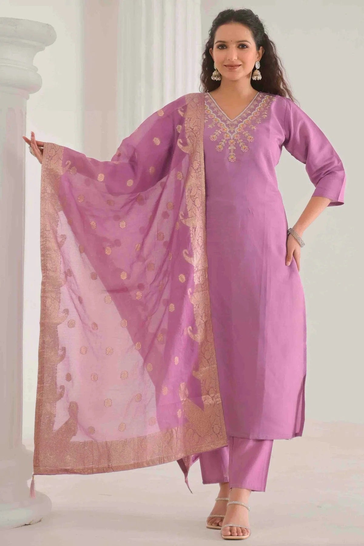 Lavender Viscose Chanderi Stitched Pant Style Suit NCSS11110195