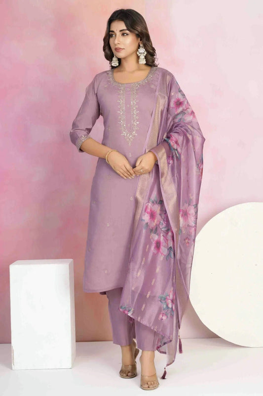 Lavender Viscose Chanderi Stitched Suit NCSS11110685