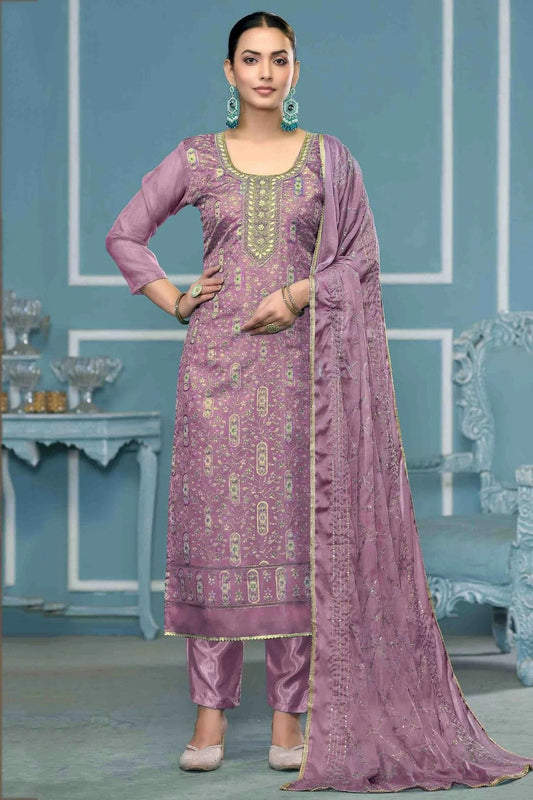 Lavender Viscose Organza Pant Style Suit NCSM11110721