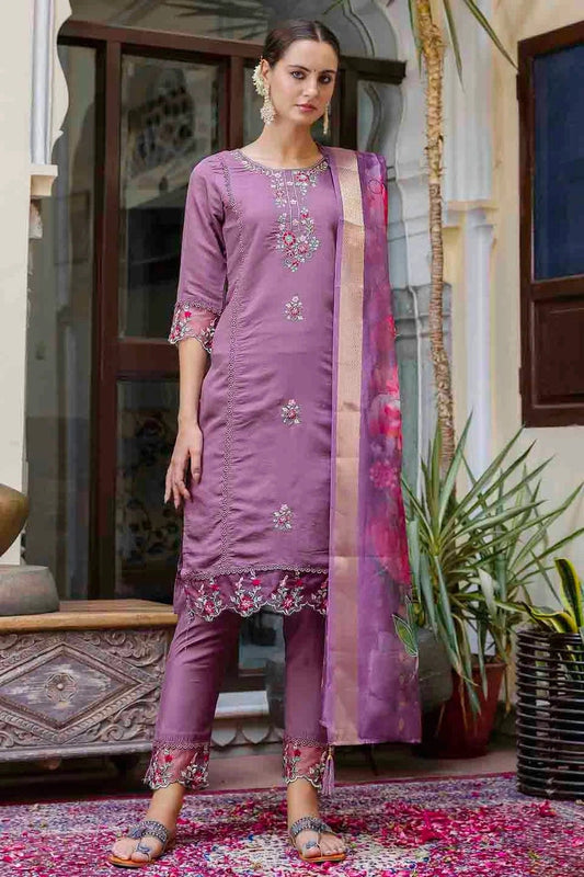 Lavender Viscose Roman Silk Embroidery Pant Style Suit NCSS11110354