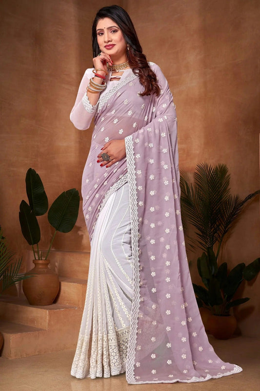 Lavender and White Georgette Half N Half Saree NCSD10910163