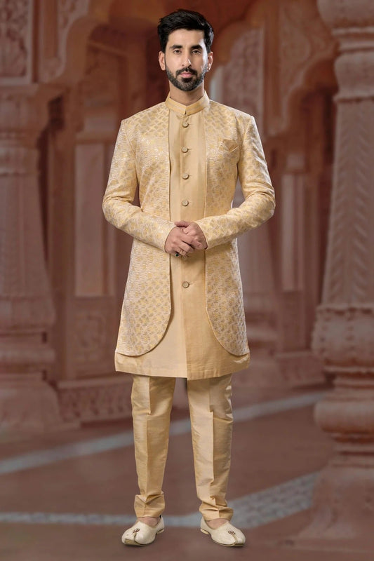 Lemon Yellow Jacquard and Silk Dhupion Sherwani NCSH10410231