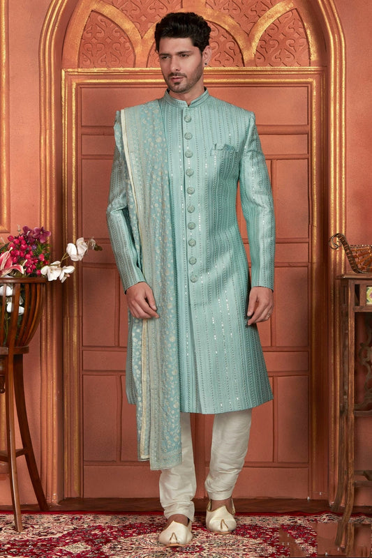 Light Blue Art Silk Sherwan With Churidar Pant  NCSH12310324
