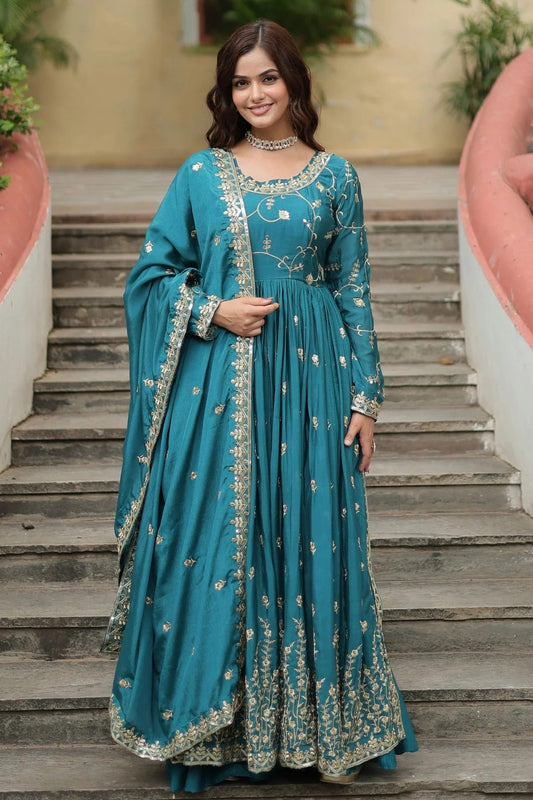 Light Blue Chinon Stitched Gown NCGW11111374
