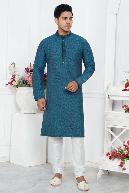 Light Blue Jacquard Silk Brocade Kurta Pajama NCKP12310155