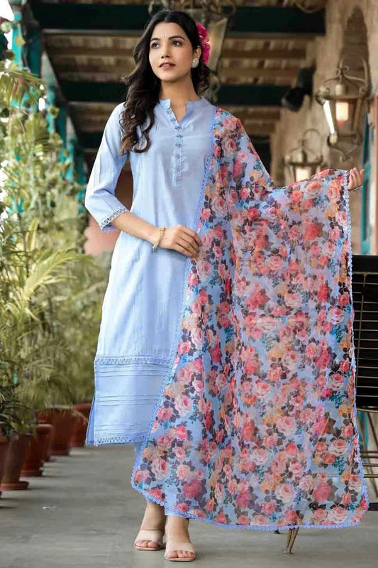 Light Blue Silk Stitched Pant Style Suit NCSS11410286