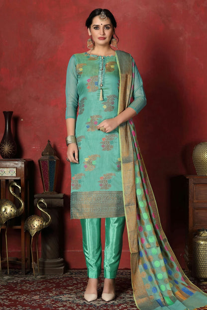 Light Blue Unstitched Banarasi Silk Churidar Suit NCUS11610143