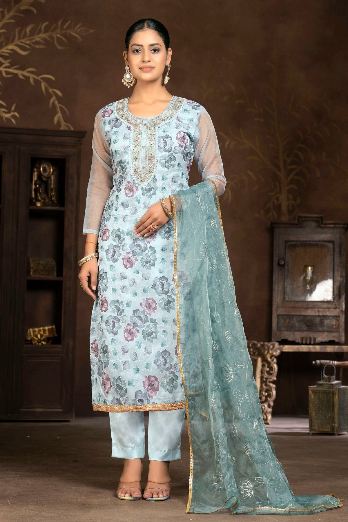 Light Blue Unstitched Organza Pant Style Suit NCUS11610405