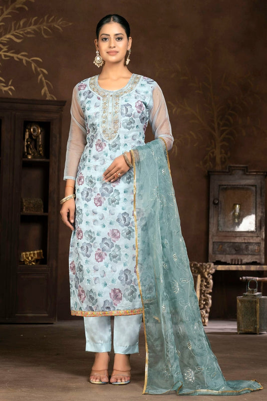 Light Blue Unstitched Organza Pant Style Suit NCUS11610405