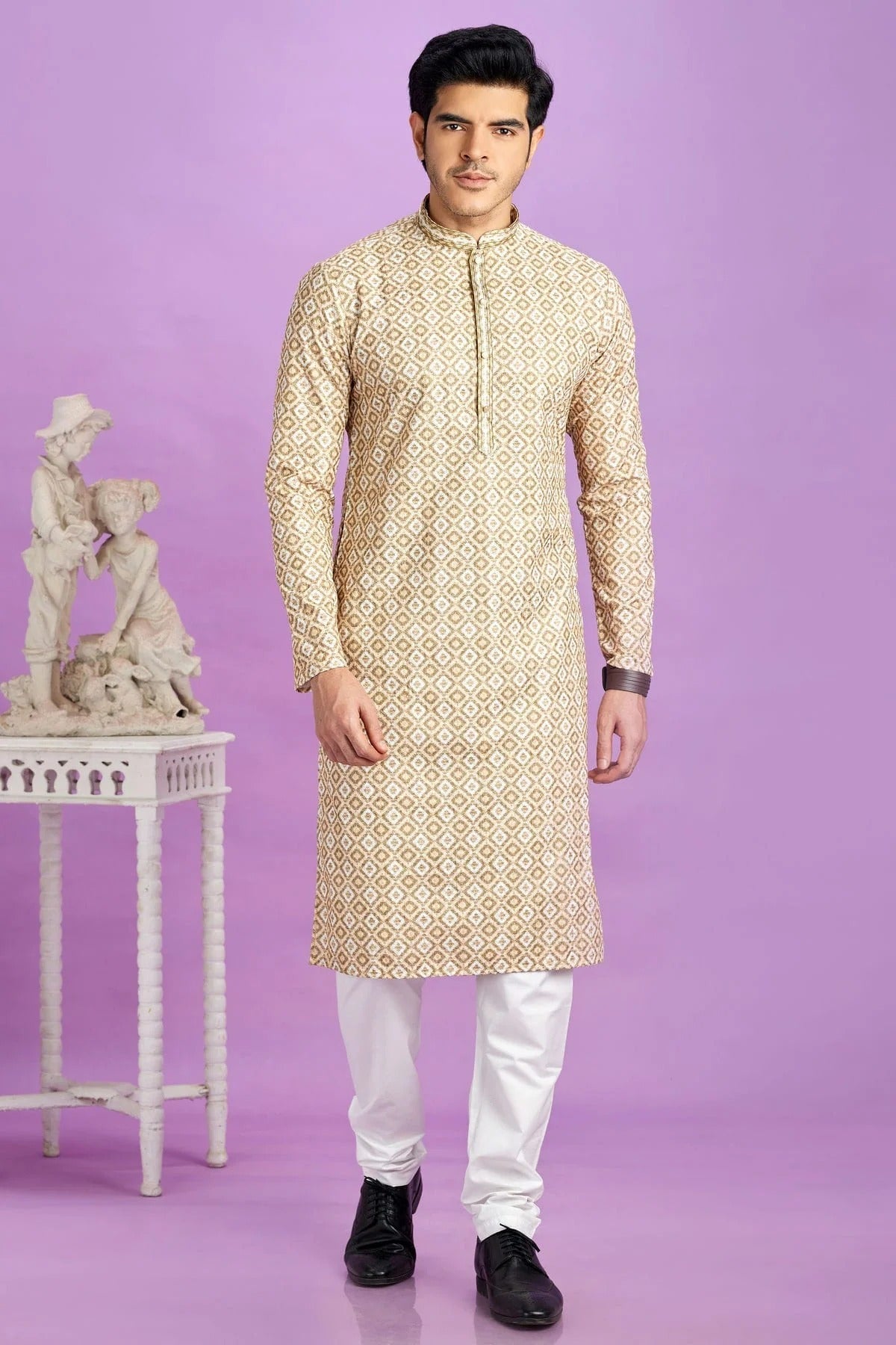 Light Brown Cotton Pintex Kurta Pajama NCKP12310186