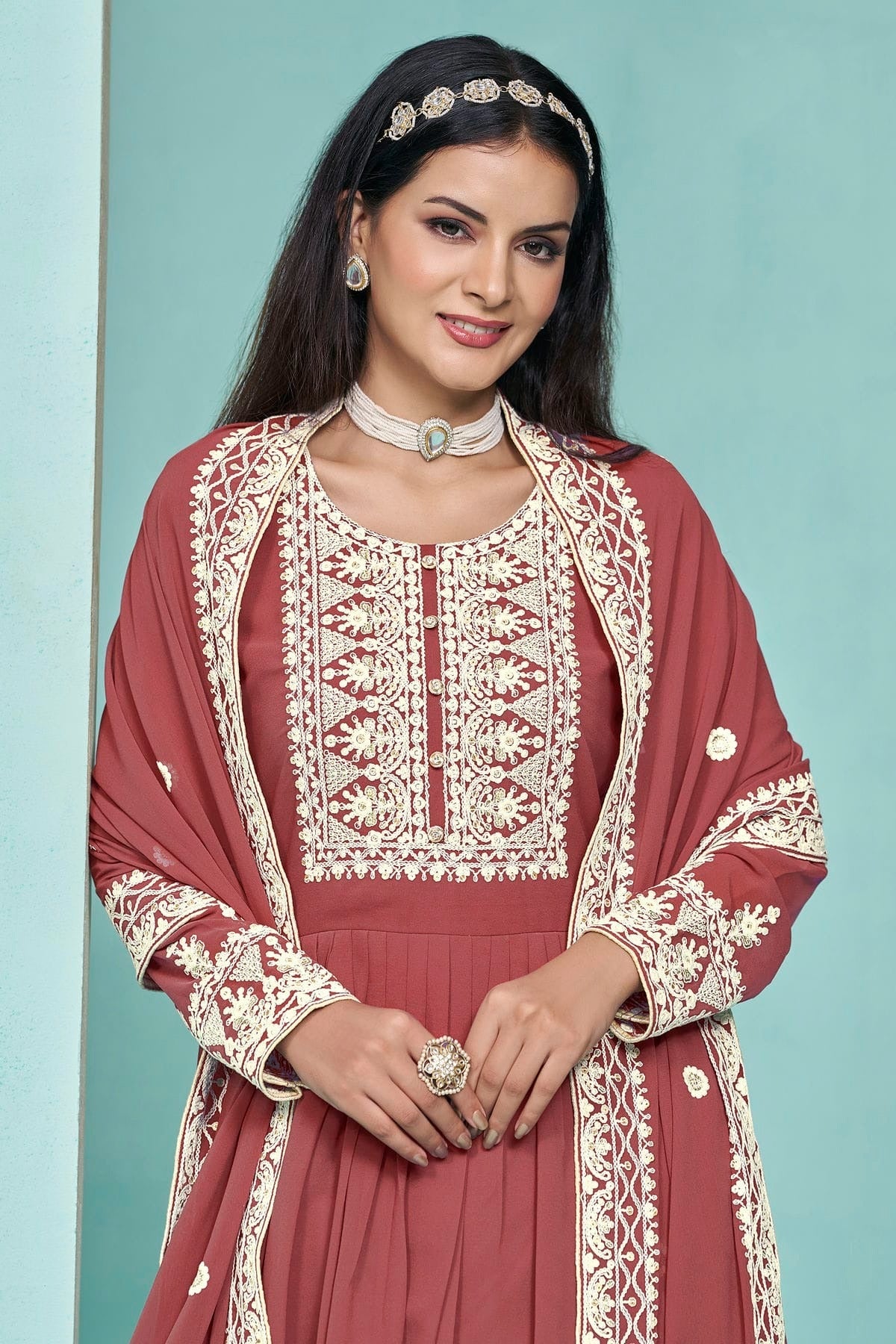 Light Brown Faux Georgette Palazzo Pant Suit NCSM10510215