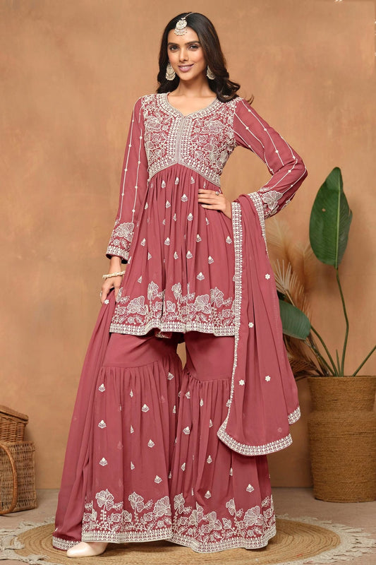 Light Brown Faux Georgette Sharara Suit NCSM10510220