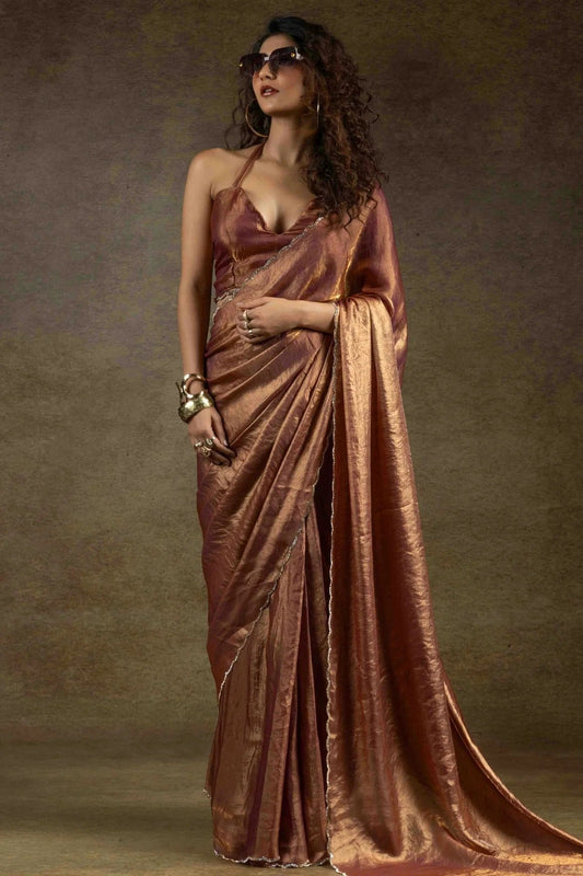 Light Brown Fendi Satin Silk Ready To Wear Saree NCSD11210133