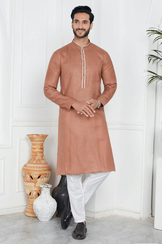 Light Brown Linen Cotton Pintex Kurta Pajama NCKP12310242