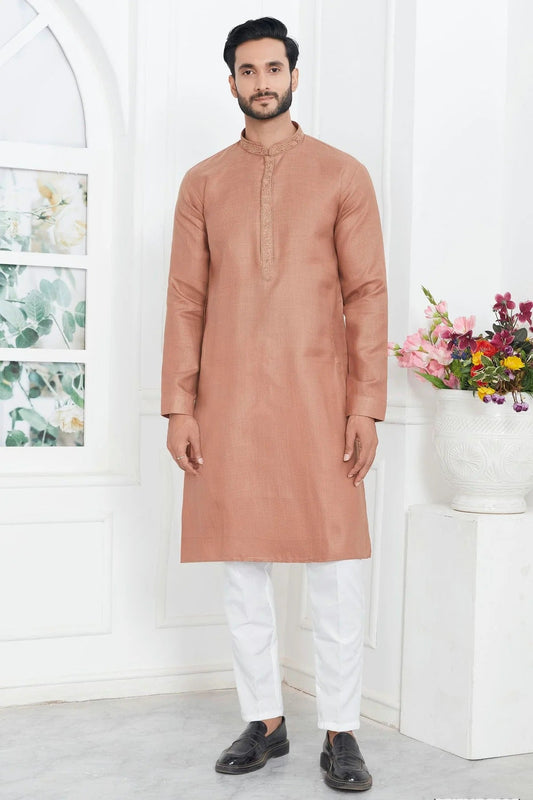 Light Brown Linen Cotton Thread Kurta Pajama NCKP12310231