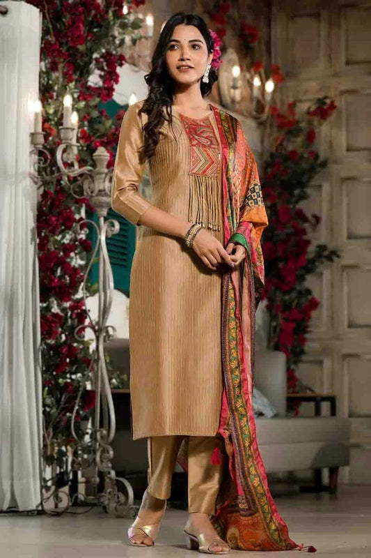 Light Brown Silk Stitched Pant Style Suit NCSS11410285