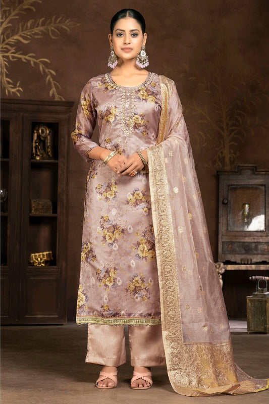 Light Brown Unstitched Organza Pant Style Suit NCUS11610173