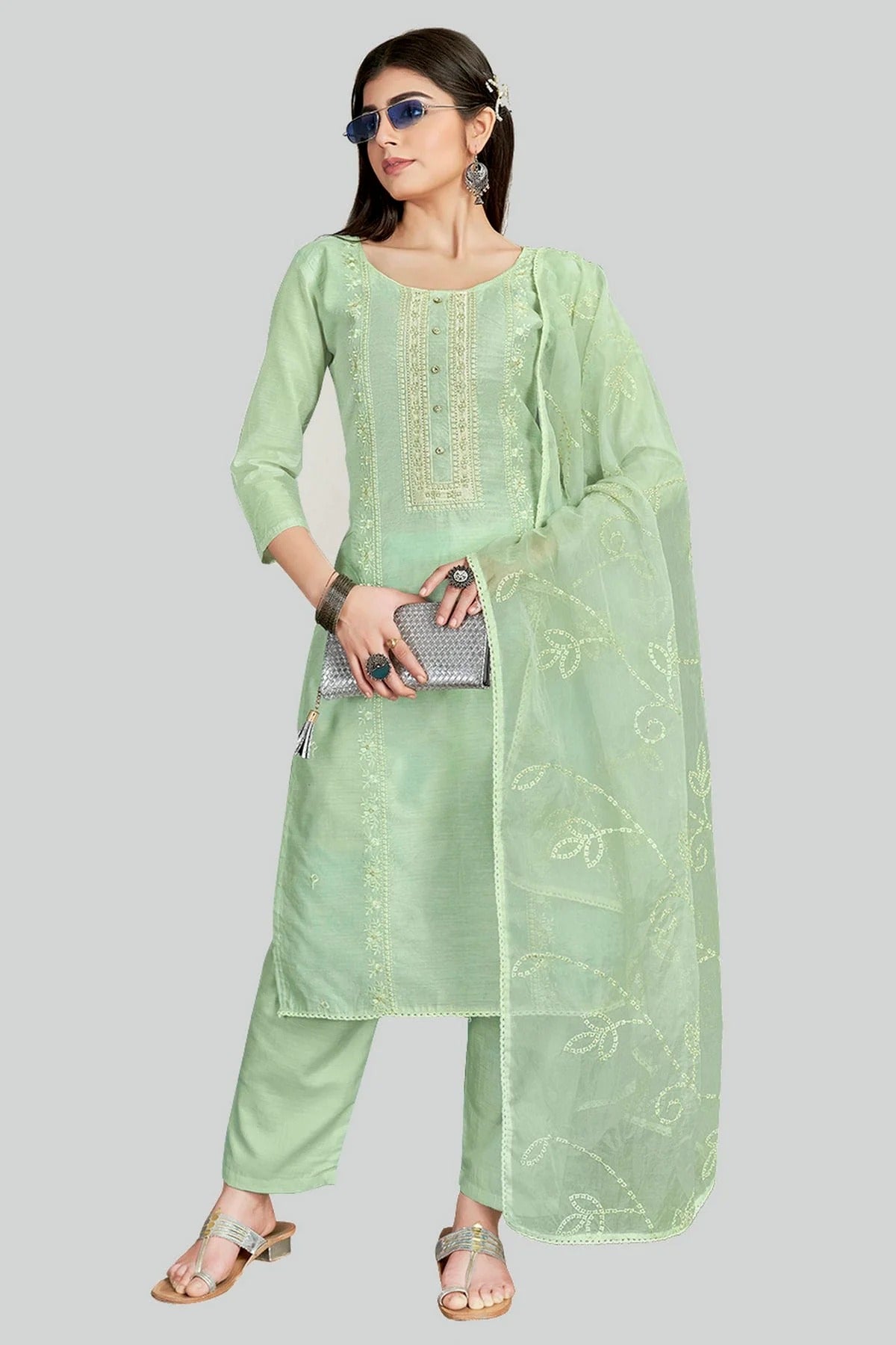 Light Green Chanderi Silk Pant Style Suit NCSM11112361