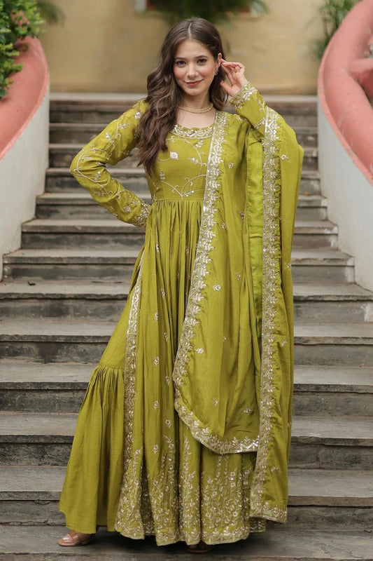 Light Green Chinon Stitched Gown NCGW11111373