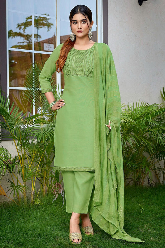 Light Green Cotton Blend Stitched Suit NCSS11111401