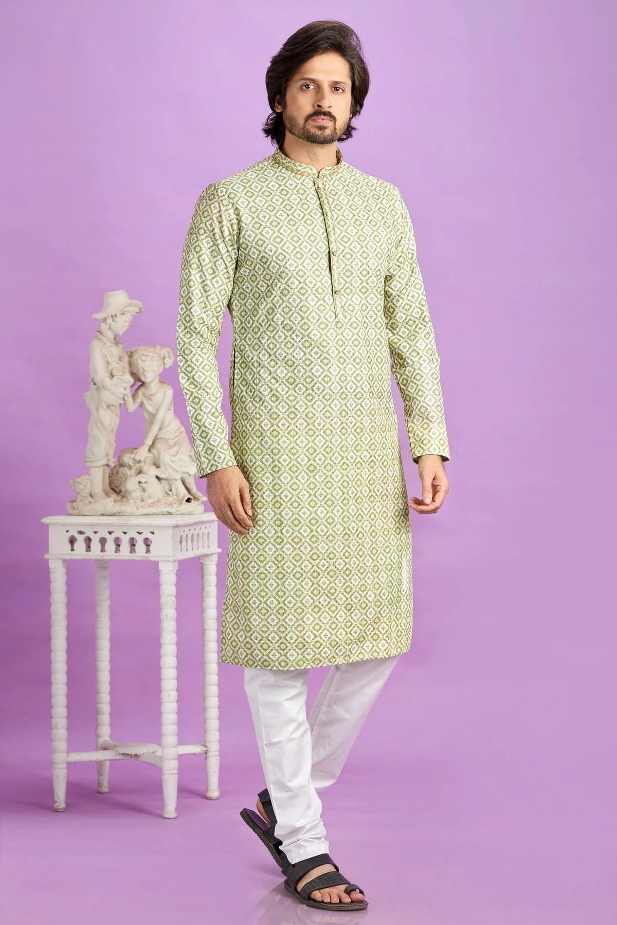 Light Green Cotton Pintex Kurta Pajama NCKP12310187