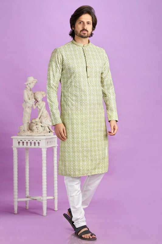 Light Green Cotton Pintex Kurta Pajama NCKP12310187