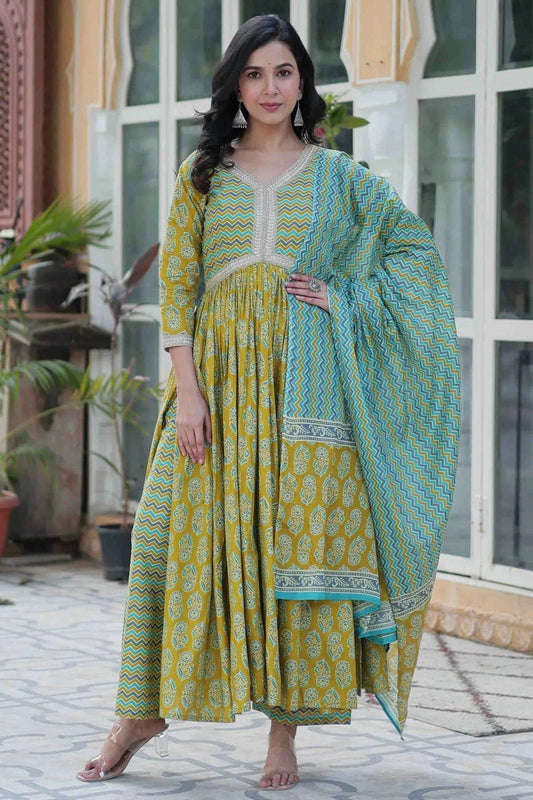 Light Green Cotton Printed Pant Style Suit NCSS11110333