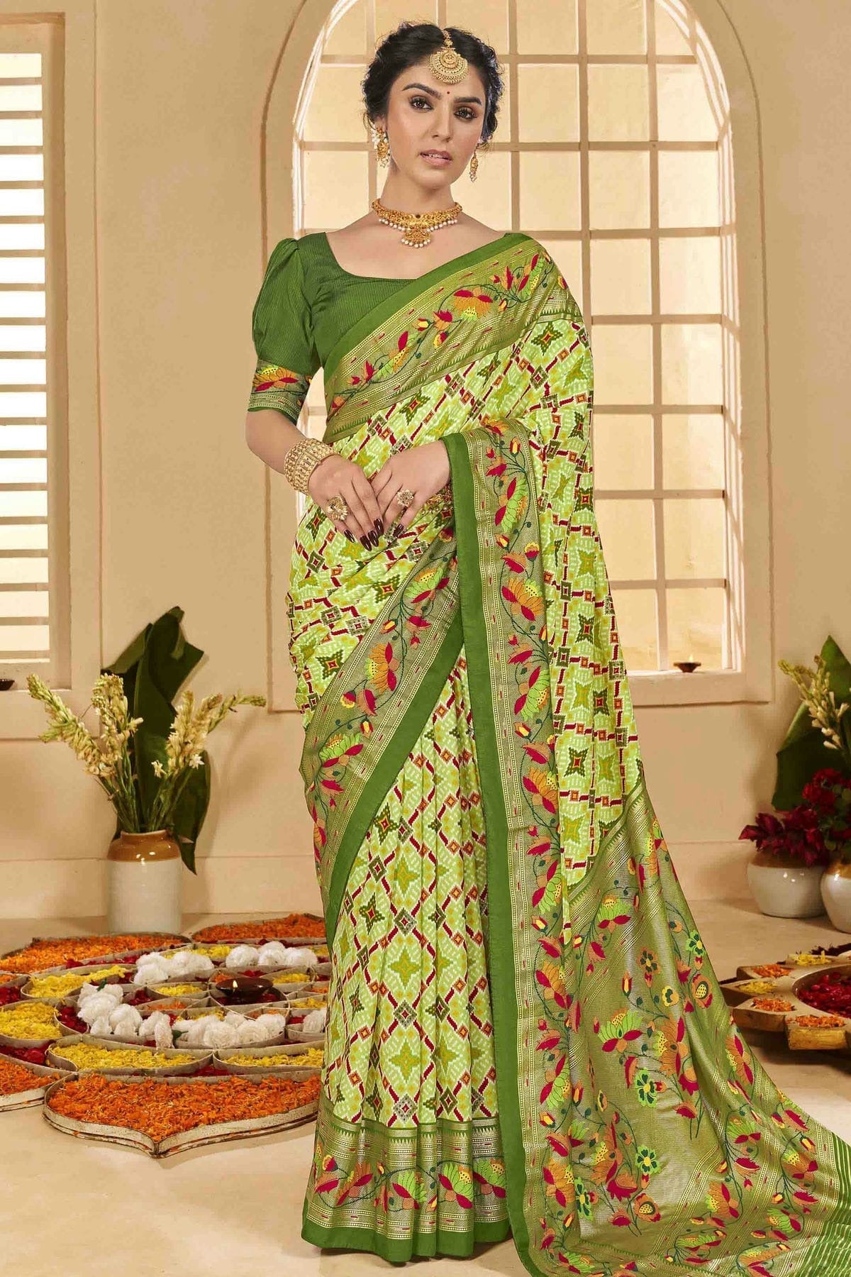 Light Green Cotton Silk Ikkat Printed Traditional Saree NCSD11110417