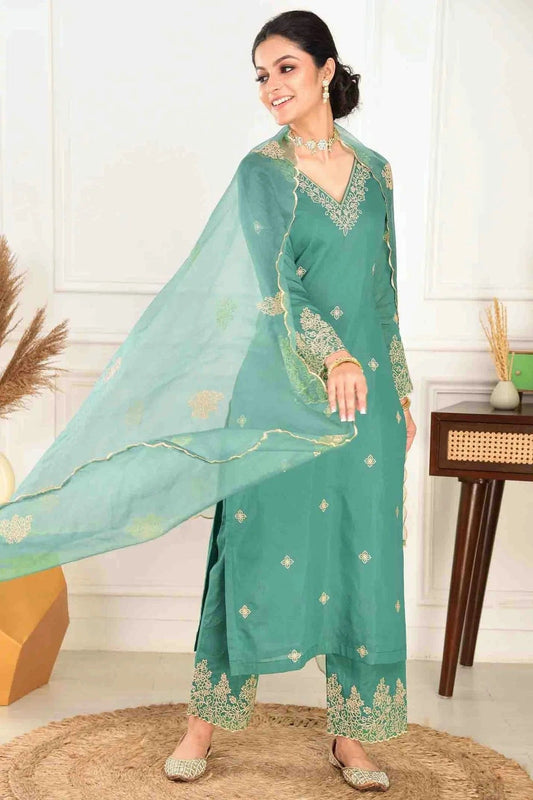 Light Green Embroidery Viscose Chanderi Pant Style Suit NCSS11110508
