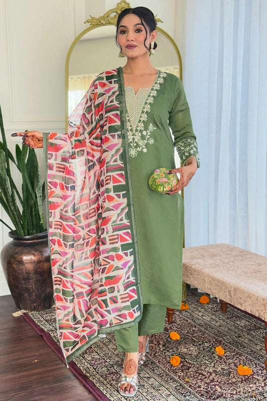 Light Green Embroidery Viscose Chanderi Stitched Suit NCSS11111285