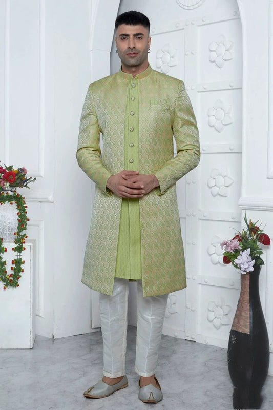 Light Green Jacquard Silk Indowestern Sherwan With Aligadhi Pant  NCSH12310344