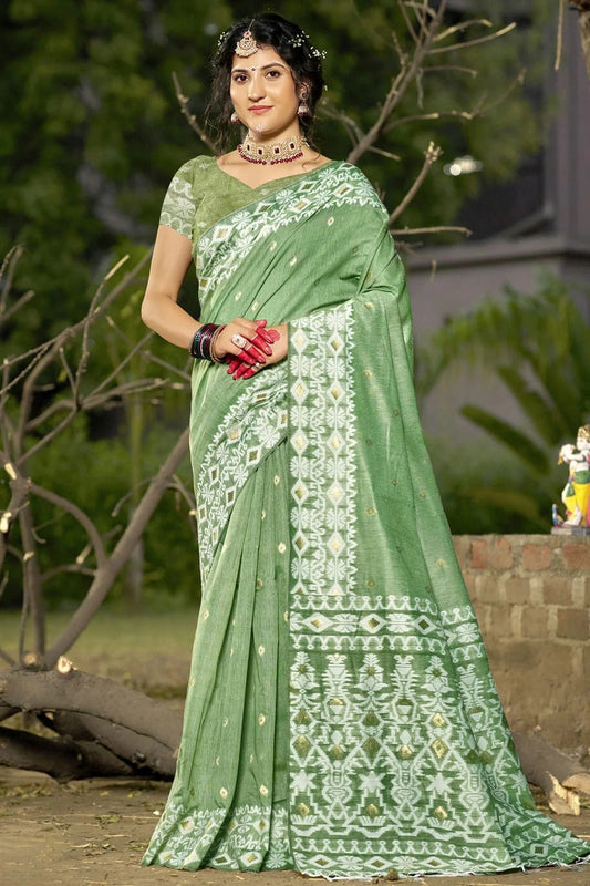 Light Green Linen Cotton Woven Traditional Saree NCSD11010393