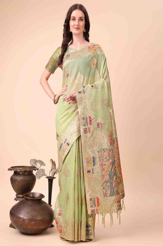 Light Green Linen Cotton Woven Traditional Sarees  NCSD11110273