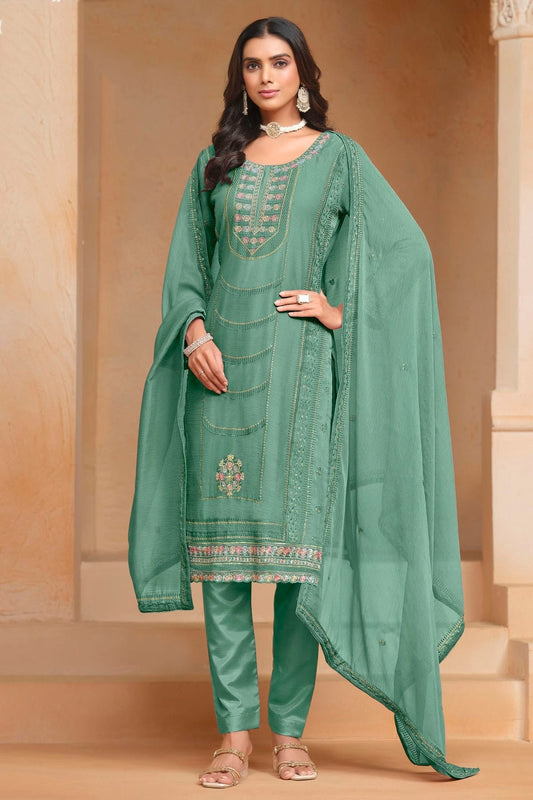 Light Green Organza Chiffon Semi Stitched Pant Style Suit NCSM10510185