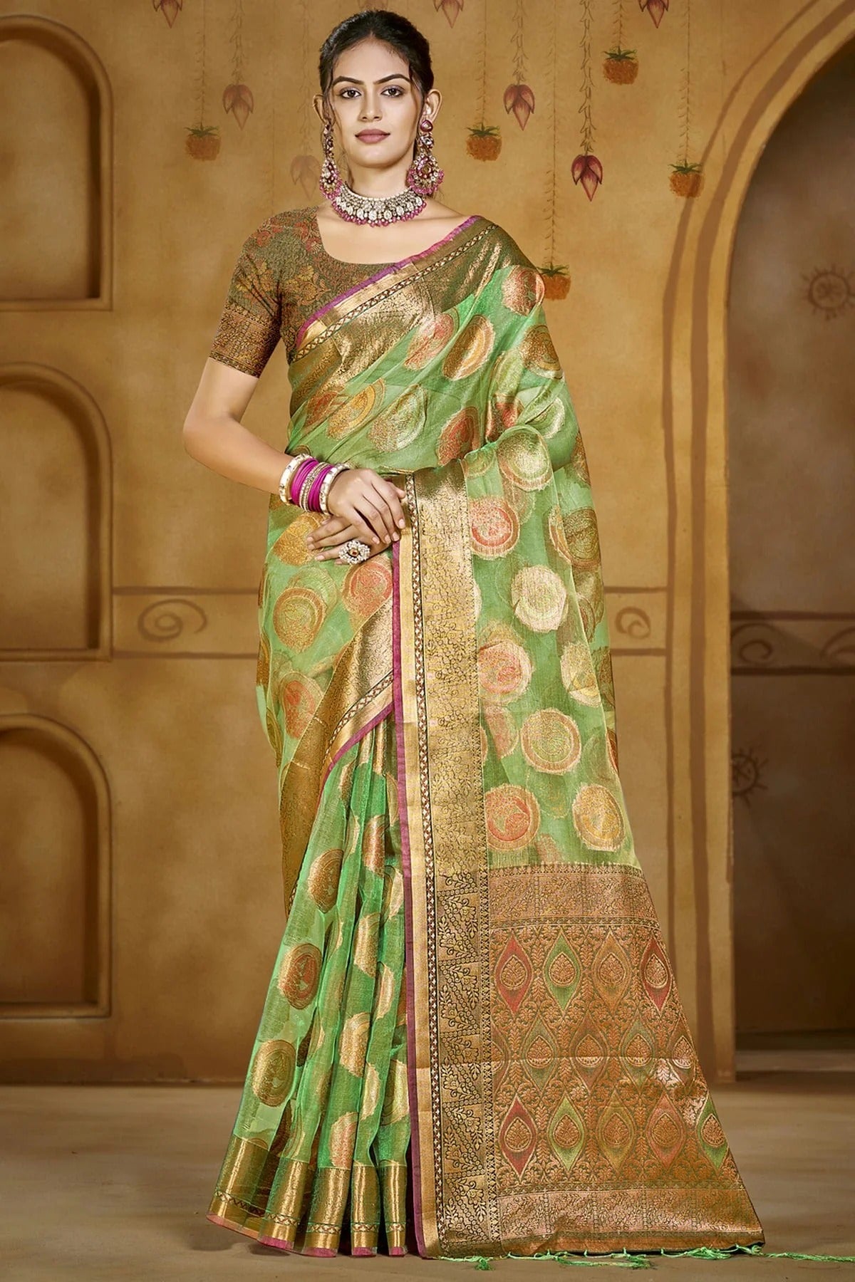 Light Green Organza Woven Traditional Saree NCSD11010385