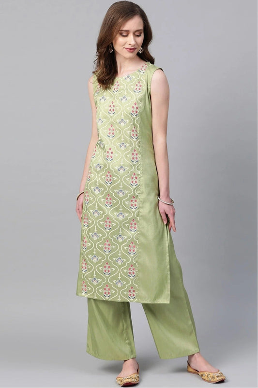Light Green Plus Size Poly Silk Straight Kurta Palazzo Set NCKR10610107