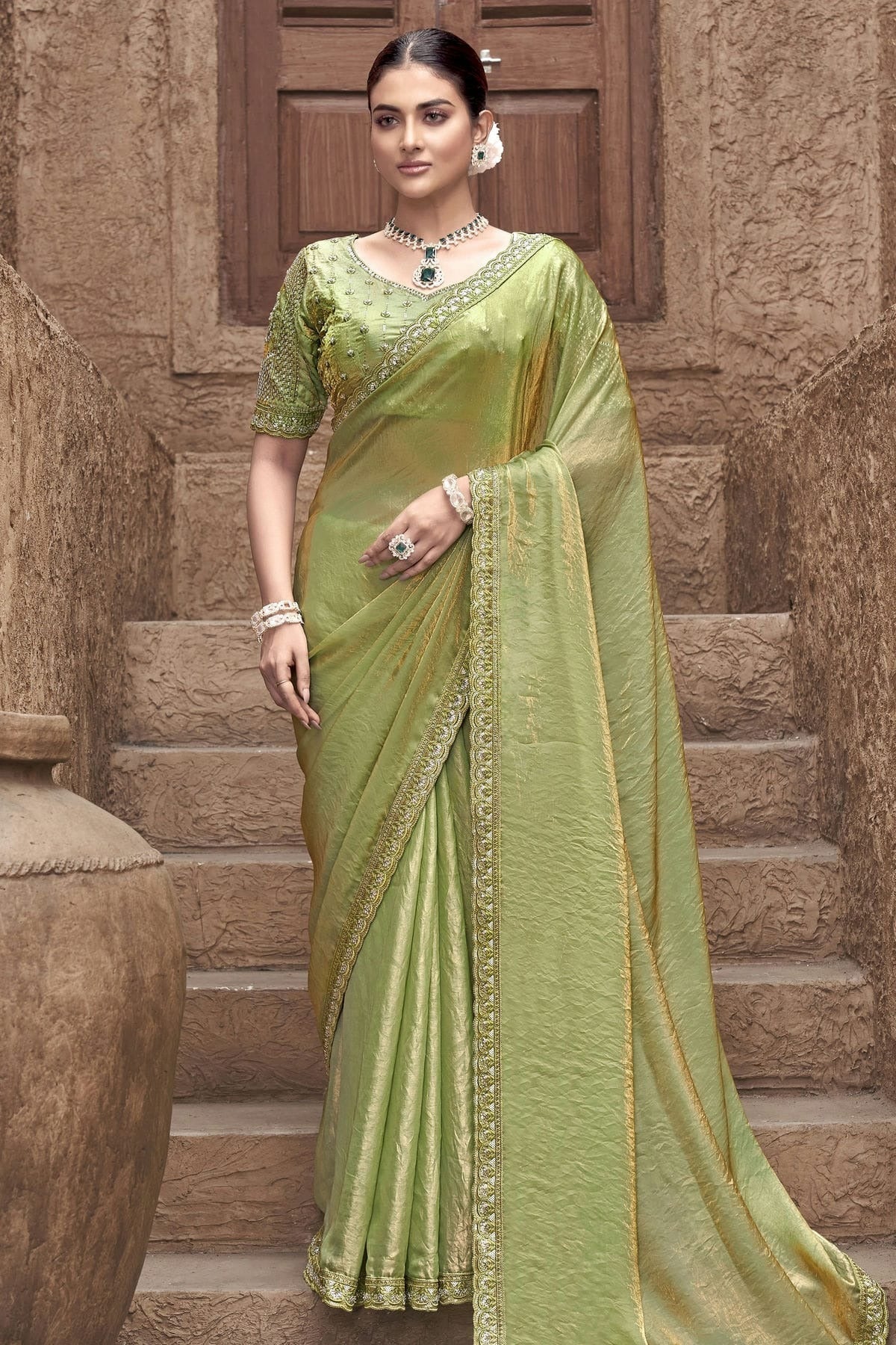 Light Green Satin Silk Designer Saree NCSD11111112