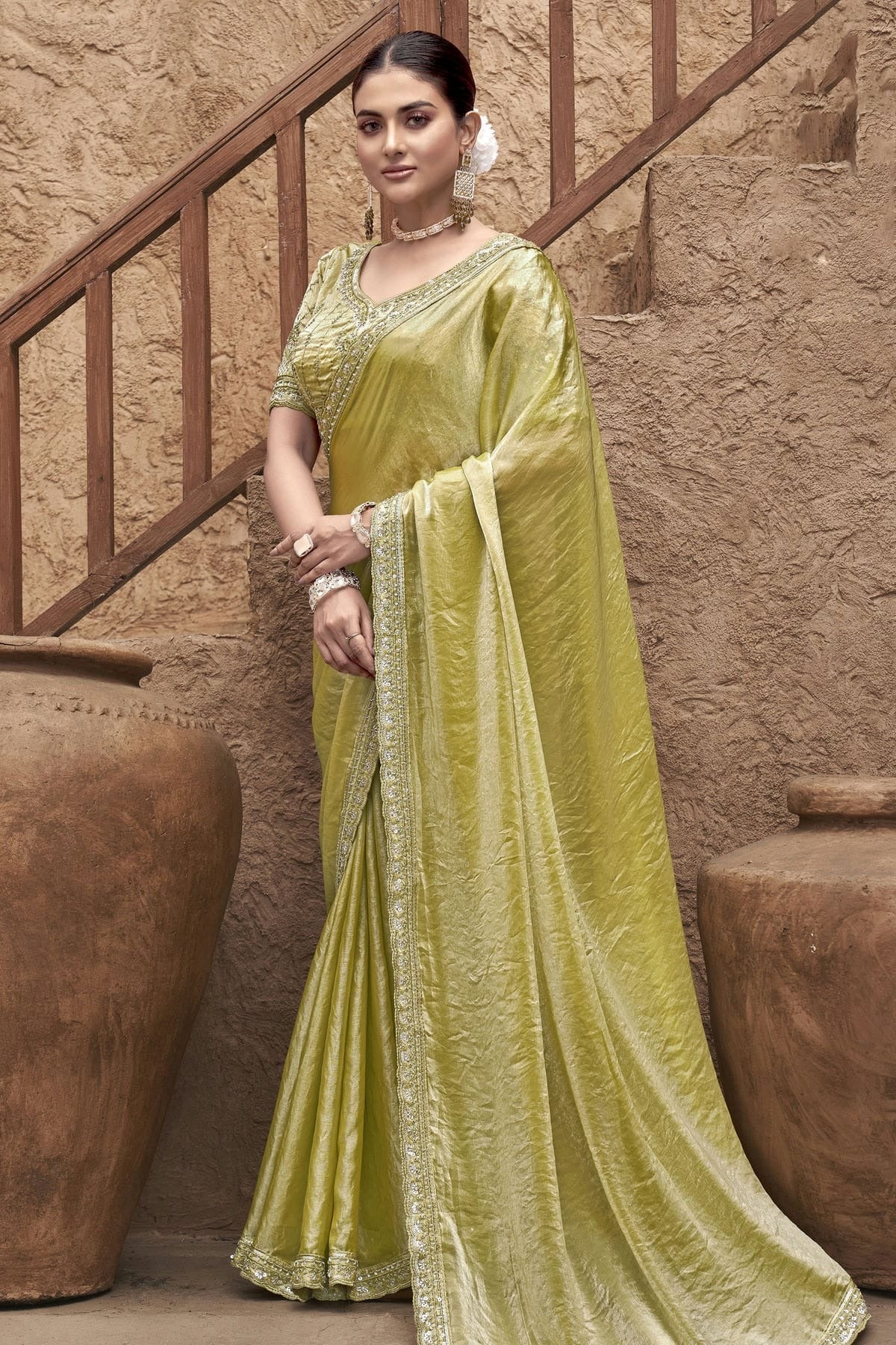 Light Green Satin Silk Designer Saree NCSD11111114