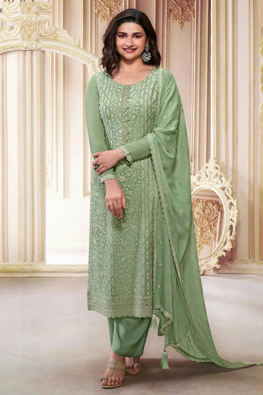 Light Green Semi Stitched Chinon Silk Pant Style Suit NCSM11410496