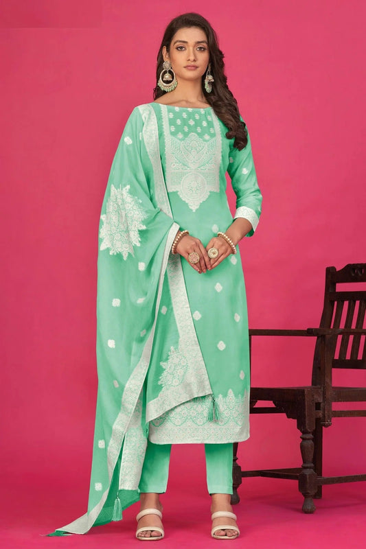 Light Green Semi Stitched Jacquard Straight Suit NCSM11410506