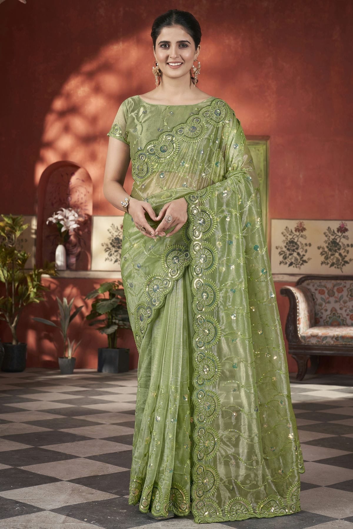 Light Green Tissue Net Designer Saree NCSD11111200