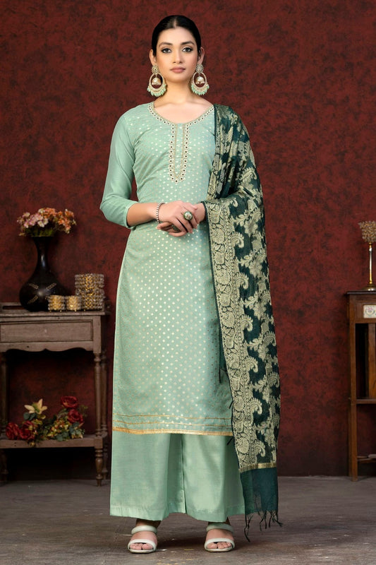 Light Green Unstitched Banarasi Jacquard Palazoo Pant Suit NCUS11610101