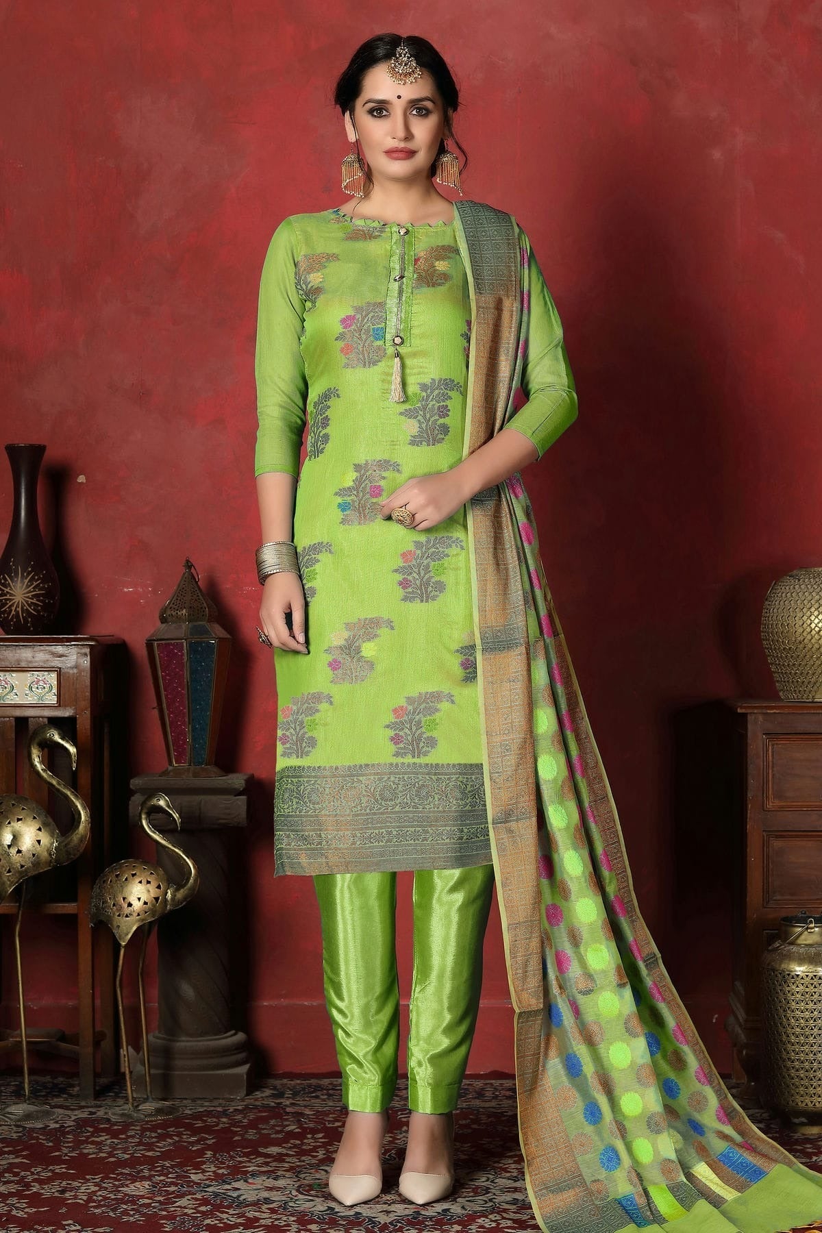 Light Green Unstitched Banarasi Silk Churidar Suit NCUS11610142