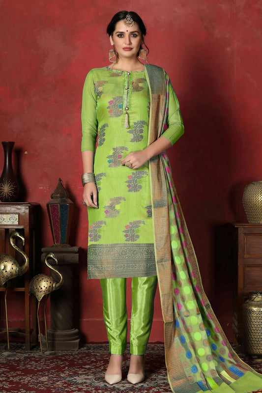 Light Green Unstitched Banarasi Silk Churidar Suit NCUS11610142