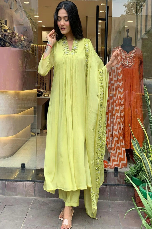 Light Green Viscose Chinon Stitched Suit NCSS11110652