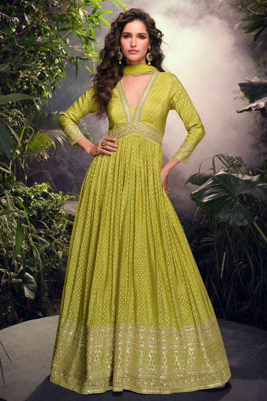 Light Green Viscose Jacquard Silk Gown NCSM11410390